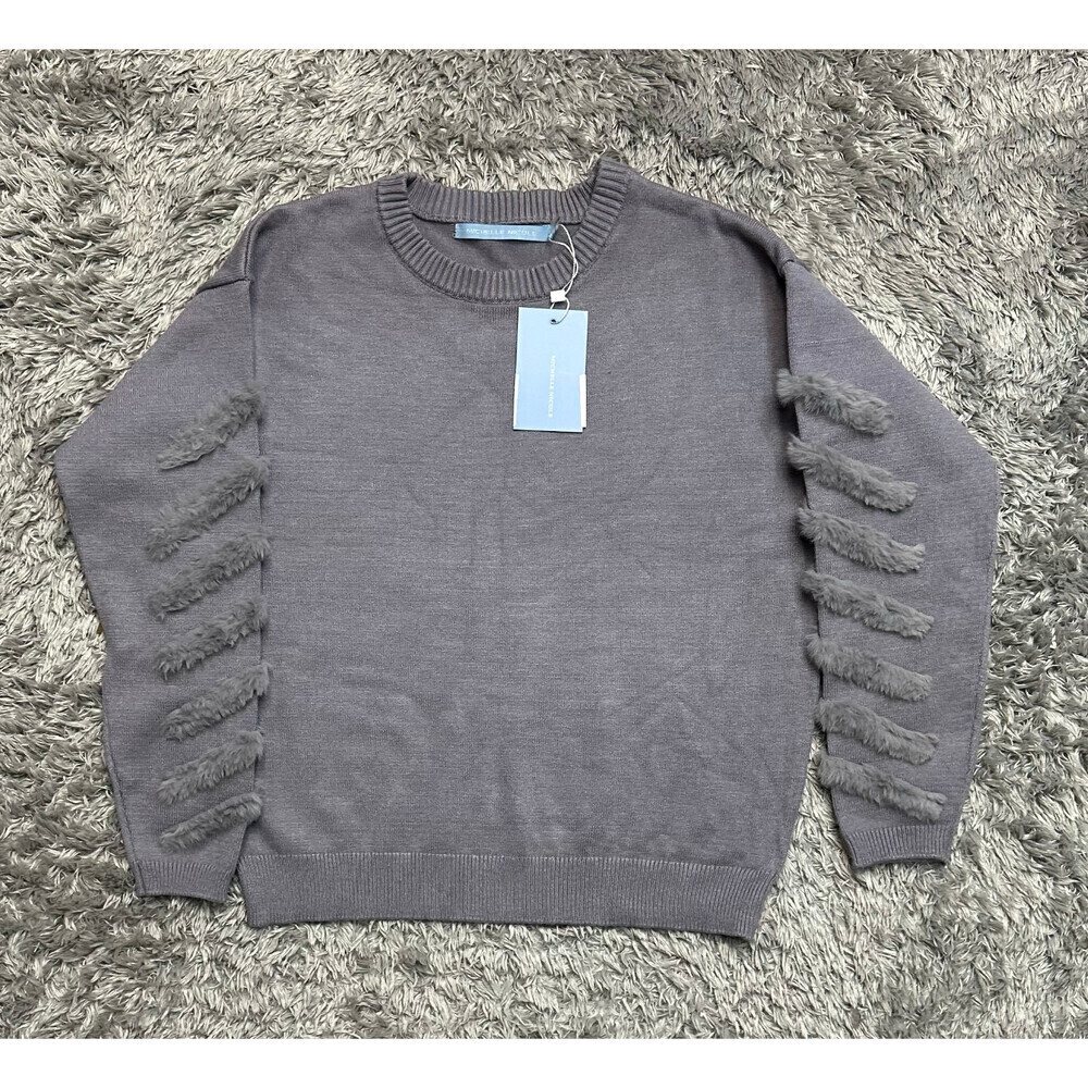 NWT Michelle Nicole women's sweater Faux Fur long Sleeve crew neck size S Grey
